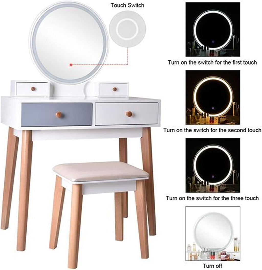 TOMYEUS Dressing Table Vanity Table with Mirror Bedroom Wood Dressing Table Simple Makeup Table with Lamp Three Color Adjustable Vanity Benches/Makeup Vanity Desk (Color : White)