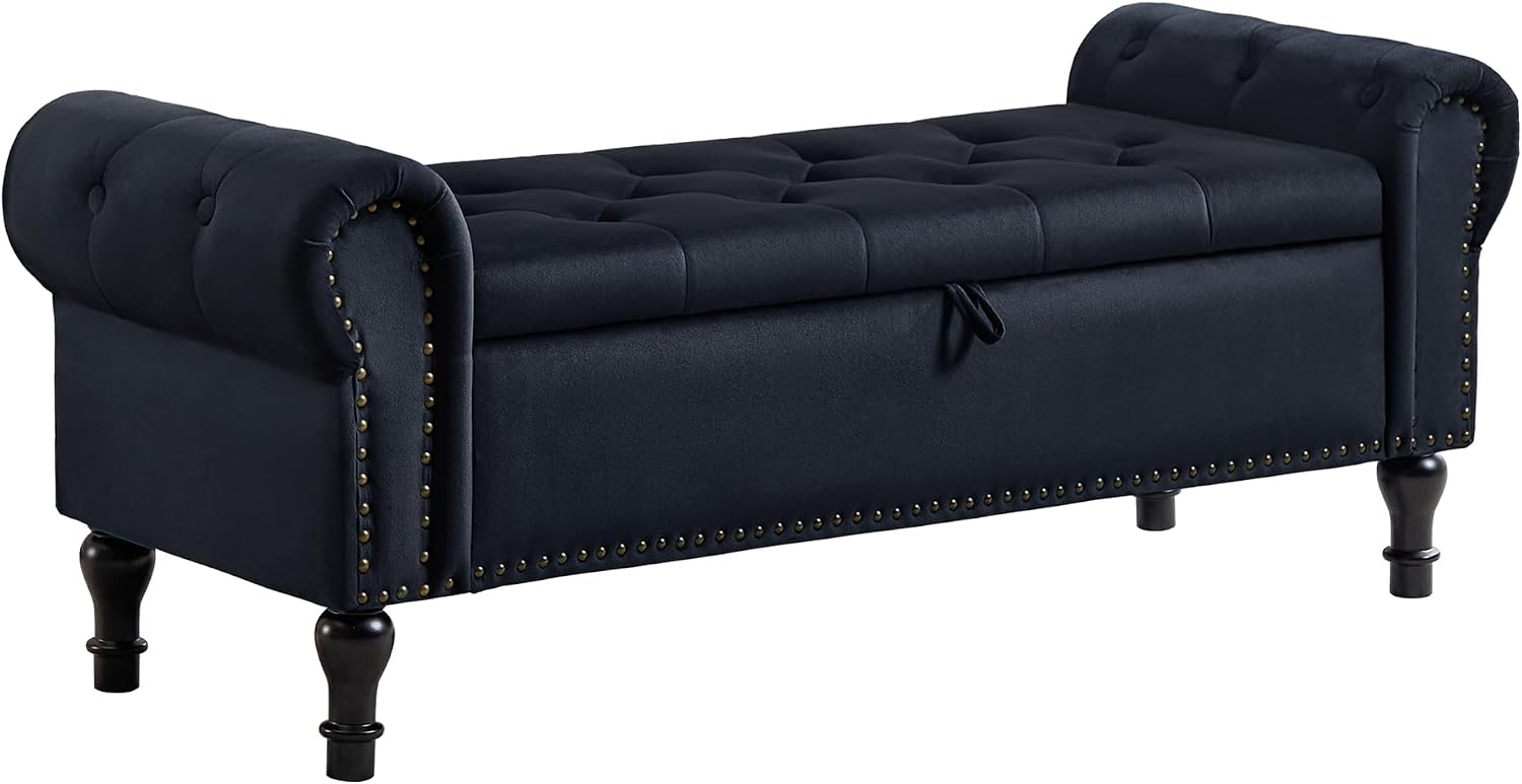 Storage Bench for Bedroom, 51' Upholstered End of Bed Bench, Velvet Queen Size Benches with Rolled Arms, Tufted Button Storage Long Ottoman, Living Room, Entryway, Black