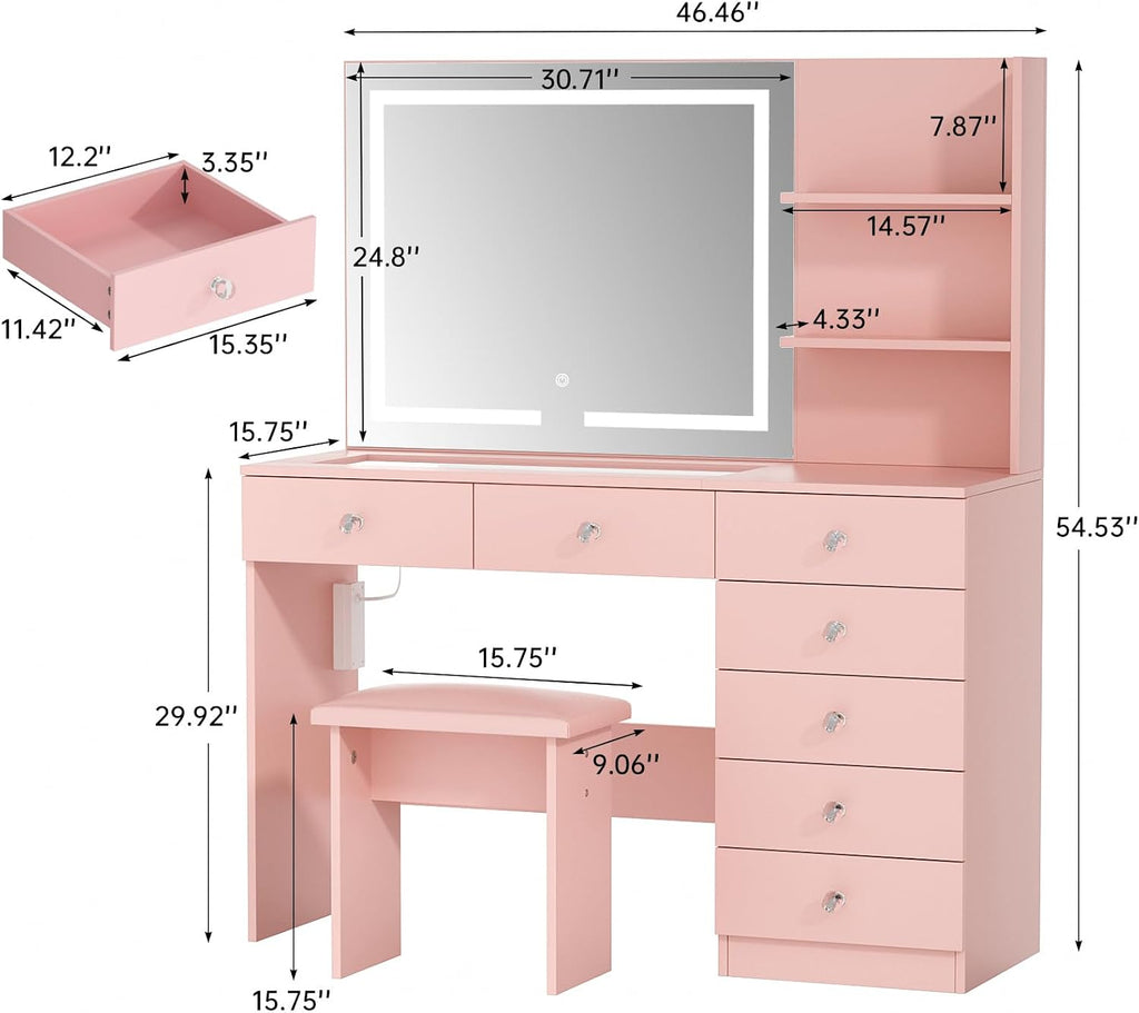 VOWNER Vanity with Mirror and Lights - 47' Glass Top Makeup Vanity Desk with 7 Drawers, 3 Storage Shelves and Outlet, 3 Color Lighting Modes Adjustable Brightness, Makeup Table for Bedroom (Pink)