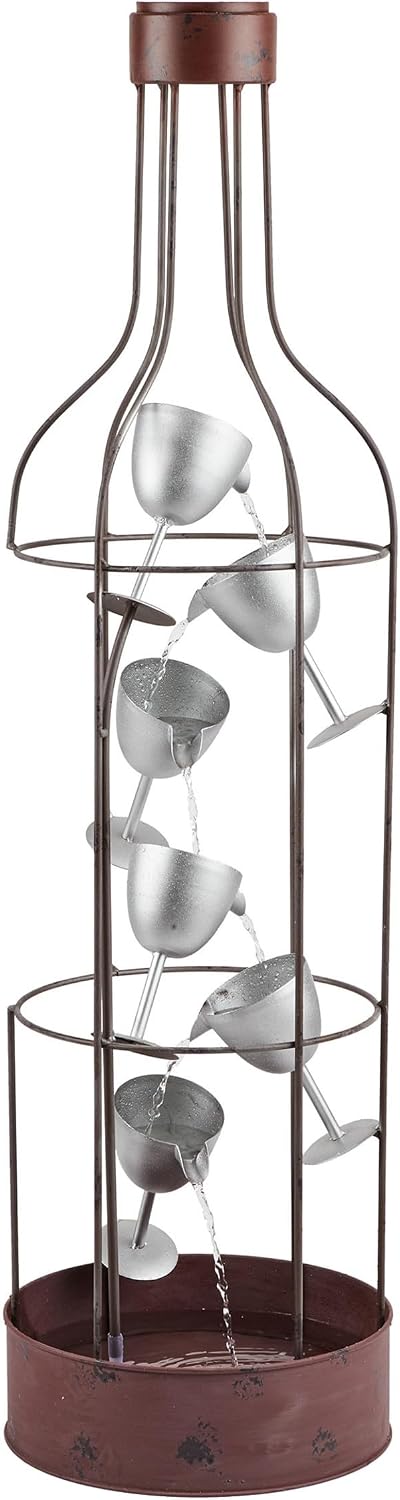 Alpine Corporation IPS210 Outdoor Floor Rustic Eclectic Bottle Shaped Water Fountain with Tiered Wine Glasses, 44', Brown