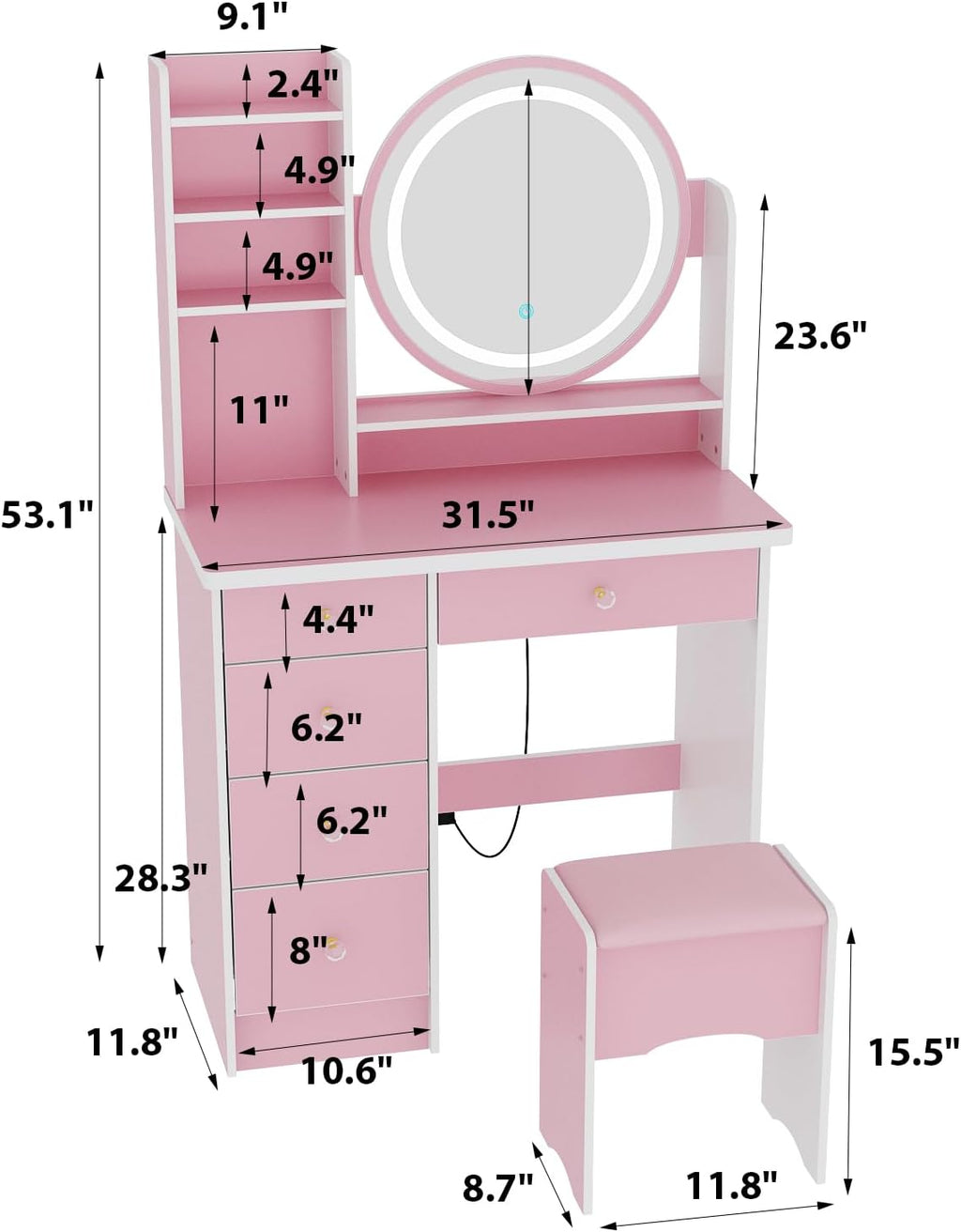 FUFU&GAGA Pink Vanity Set with Round Lighted Mirror, Makeup Vanity Bedroom Dressing Table with 5 Drawers, Shelves, Dresser Desk and Cushioned Stool