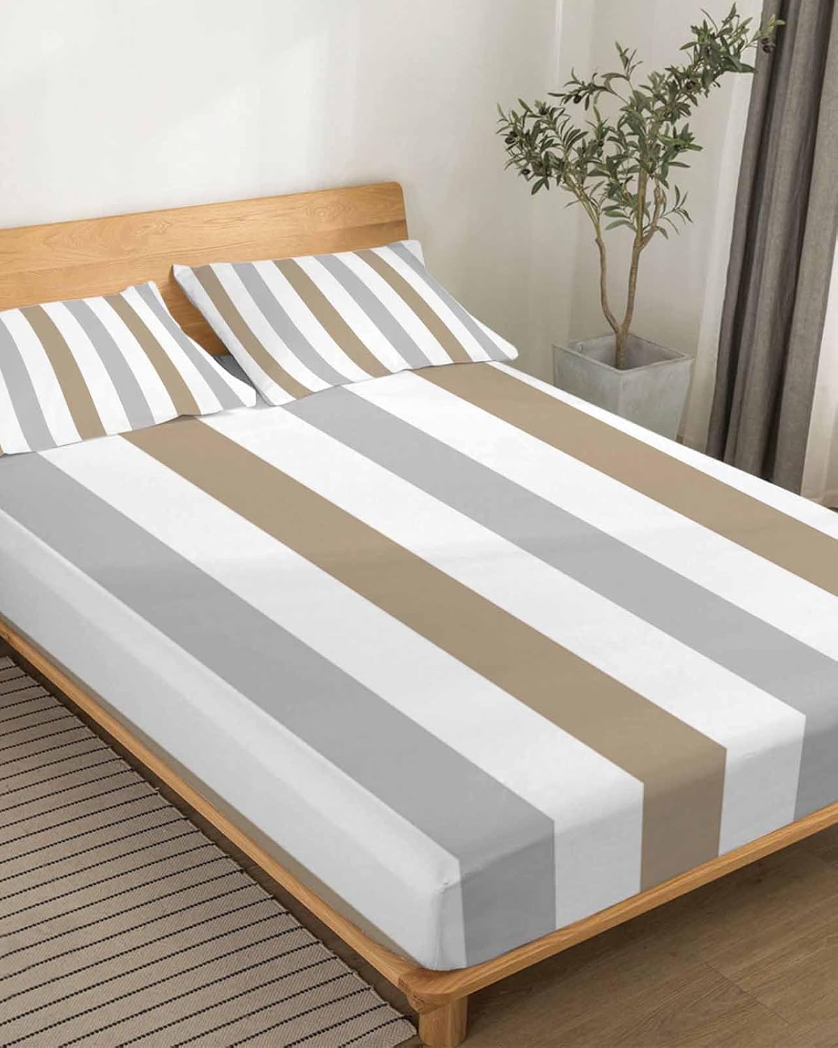 Brown Grey Striped King Sheet Set 4 Piece Bedding - Geometric Vertical Stripes White Breathable Comfy Cooling Bed Sheets & Pillowcase Sets,Hotel Luxury Flat Sheets Deep Pockets Fitted Sheet for Women