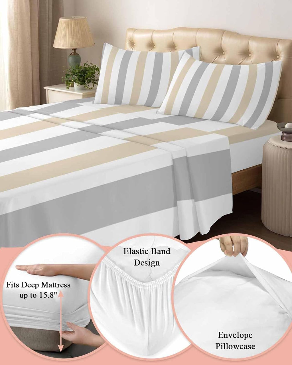 Beige Grey Striped King Sheet Set 4 Piece Bedding - Geometric Vertical Stripes White Breathable Comfy Cooling Bed Sheets & Pillowcase Sets,Hotel Luxury Flat Sheets Deep Pockets Fitted Sheet for Women