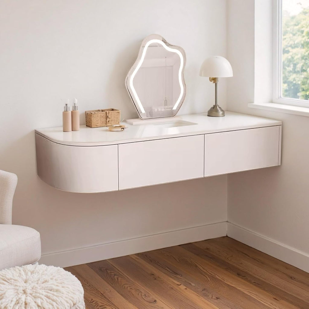 Floating Vanity Makeup Table White Wall Mounted Dressing Table Dresser With Mirror Floating Corner Desk For Bedroom Hanging Desk With Drawers Small Space Vanity With Lighted Mirror Shelf Wall-mounted(
