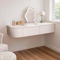 Floating Vanity Makeup Table White Wall Mounted Dressing Table Dresser With Mirror Floating Corner Desk For Bedroom Hanging Desk With Drawers Small Space Vanity With Lighted Mirror Shelf Wall-mounted(