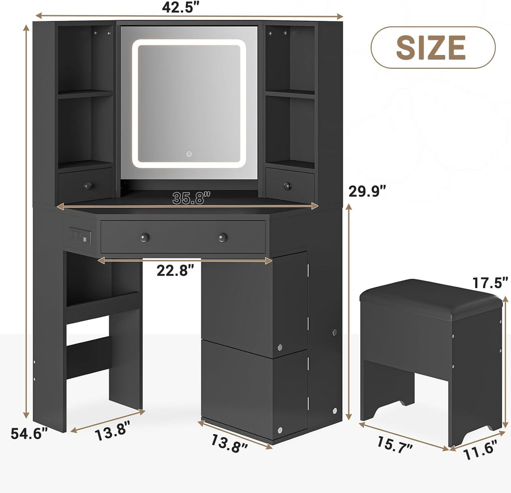 BTHFST Corner Vanity Desk with Lighted Mirror, Makeup Vanity with Lights and Charging Station, Vanity Set with Mirror and Storage Stool, Makeup Table with Drawers, Rotating Shelves, Black