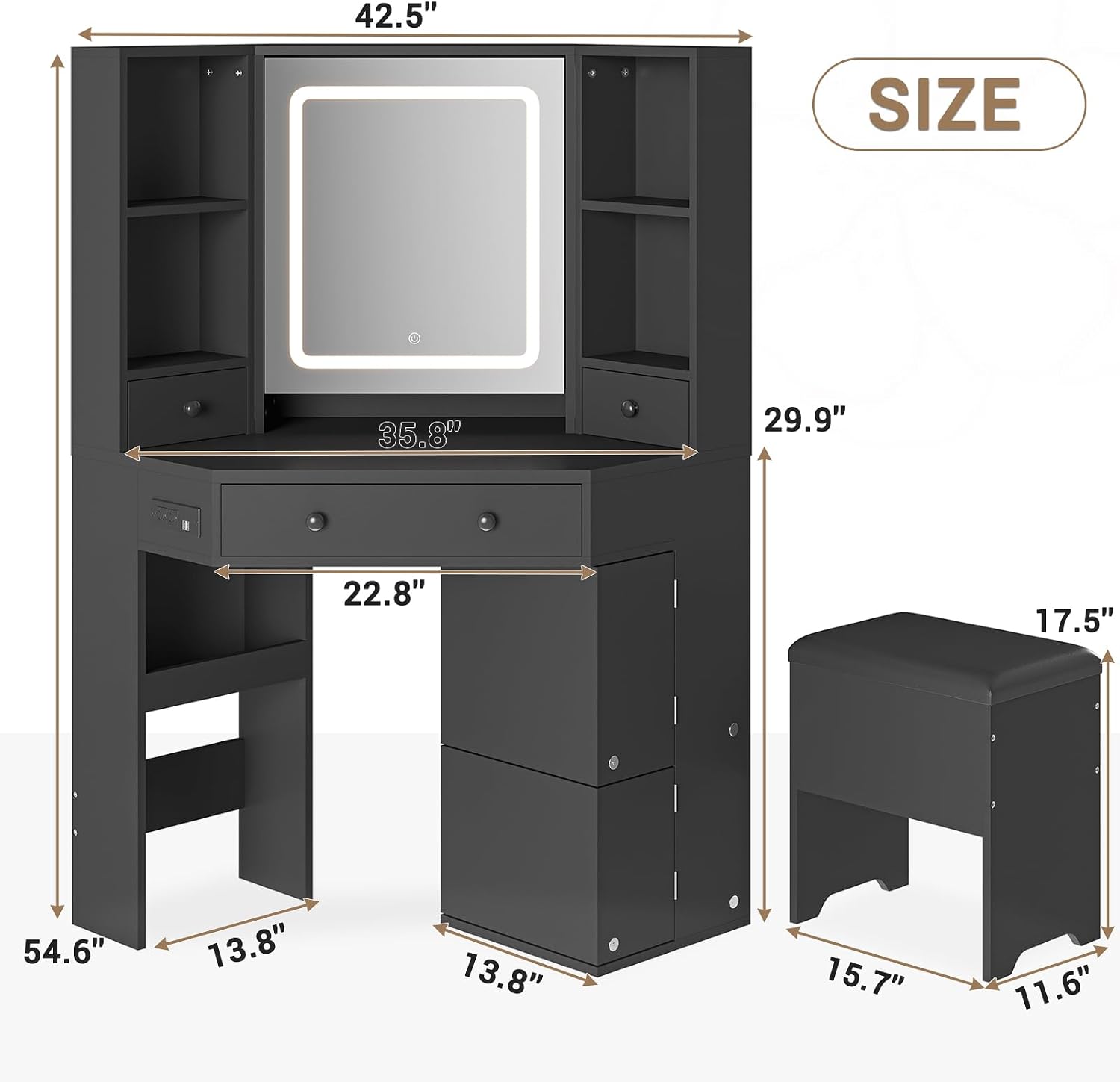BTHFST Corner Vanity Desk with Lighted Mirror, Makeup Vanity with Lights and Charging Station, Vanity Set with Mirror and Storage Stool, Makeup Table with Drawers, Rotating Shelves, Black