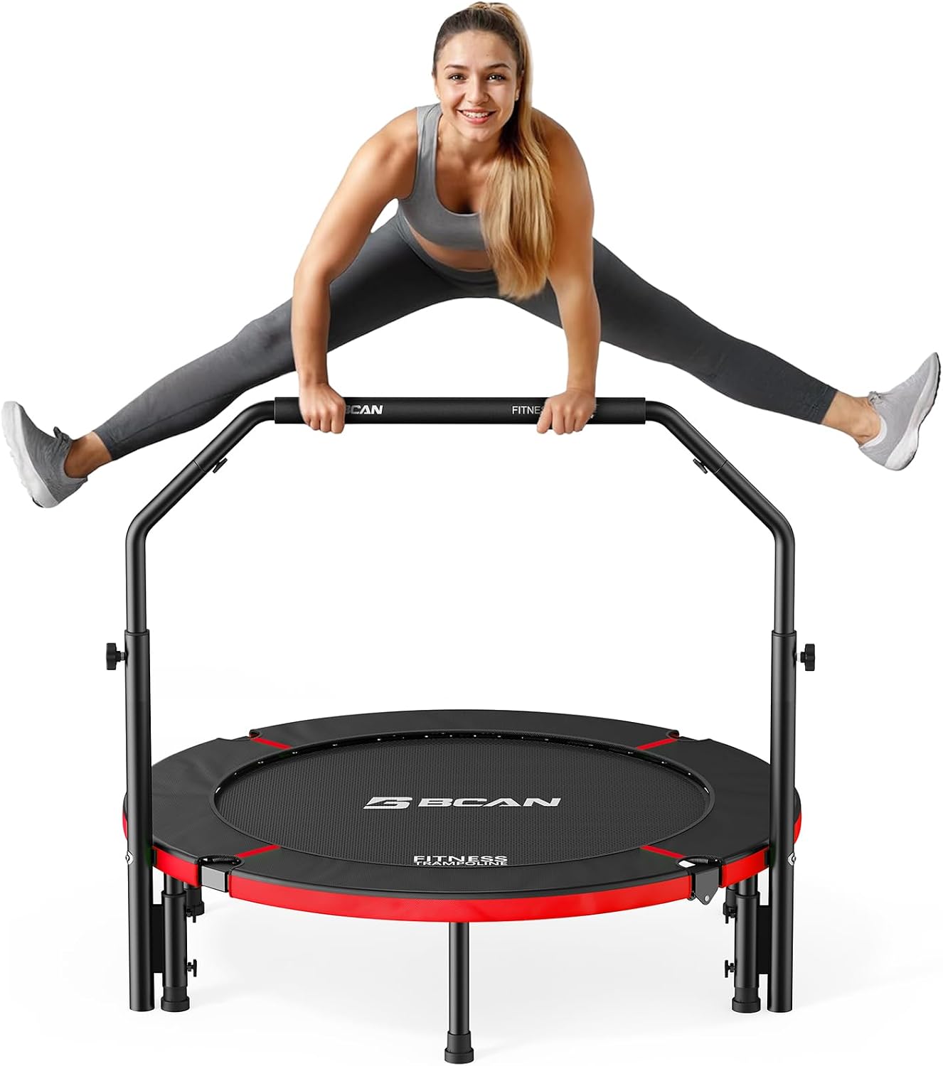 BCAN SP2 40/48' Foldable Mini Trampoline Max Load 330lbs/440lbs, Fitness Rebounder with Adjustable Foam Handle, Exercise Trampoline for Adults Indoor/Garden Workout | FED Fitness
