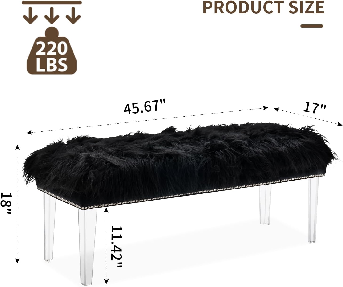 46 Inch Black Bedroom Bench, Benches for Bedroom White Faux Fur Upholstered Bed end Bench, Tufting Bench Indoor Bench with Acrylic Legs for Living Room Bedroom Dining Room Entryway