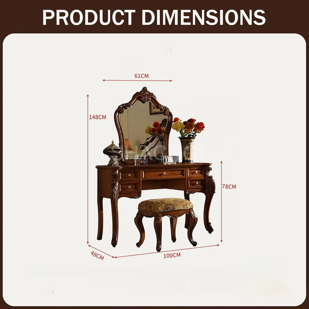 Mid Century European Antique Makeup Vanity, Vintage Brown Makeup Table with 5 Drawers and Mirror, Fabric Upholstered Stool, Bedroom Dressing Table for Women Girls (100cm/39in)