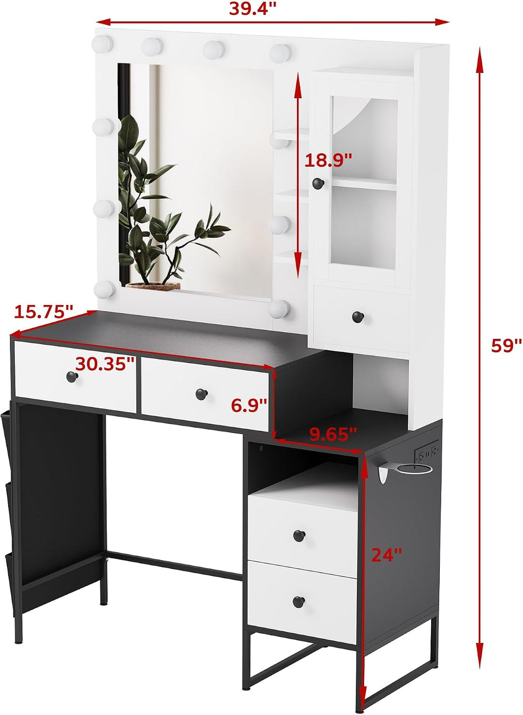 YIKEHOME Small Vanity Desk with Mirror and Lights, Girl Vanity Set with 3-Colour Light and Stool, Makeup Table with Drawers & Cabinet for Bedroom, White (005 White & Black, Large)