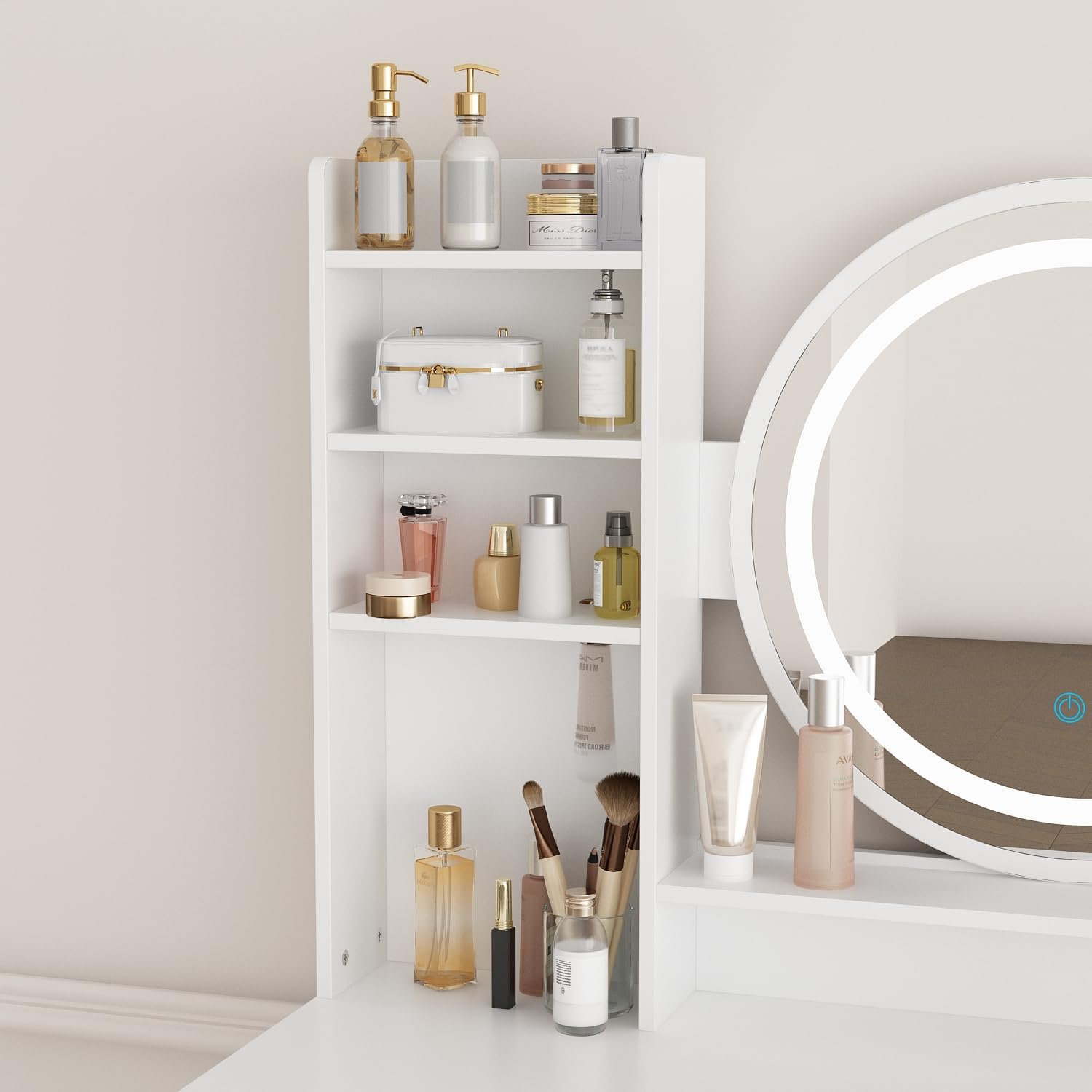 Vanity with Chair, Dressing Table with Lighted Round Mirror, 5 Drawers and Shelves, Makeup Vanity Set with Storage for Bedroom, Crystal Knobs, White, 15.7' D x 31.5' W x 53.1' H