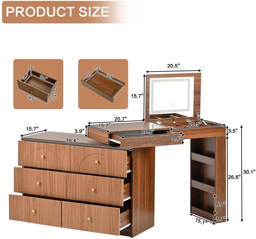 60'' Vanity Desk with Flip-Top Mirror & LED Lights, Convertible L-Shaped Makeup Vanity Table with 6 Drawers, Shelves & Storage Compartments, Modern Corner Dressing Table for Bedroom,Walnut