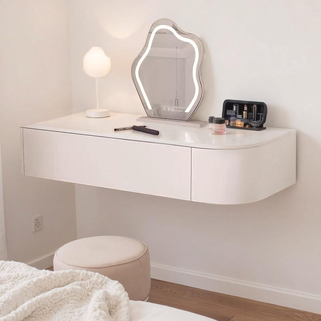 Corner Floating Desk with Drawers, Floating Vanity Makeup Table, Small Wall Mounted Floating Dressing Table Wall Storage Set, Wood Floating Shelf with Drawers, Modern White Vanity with Lighted Mirror(