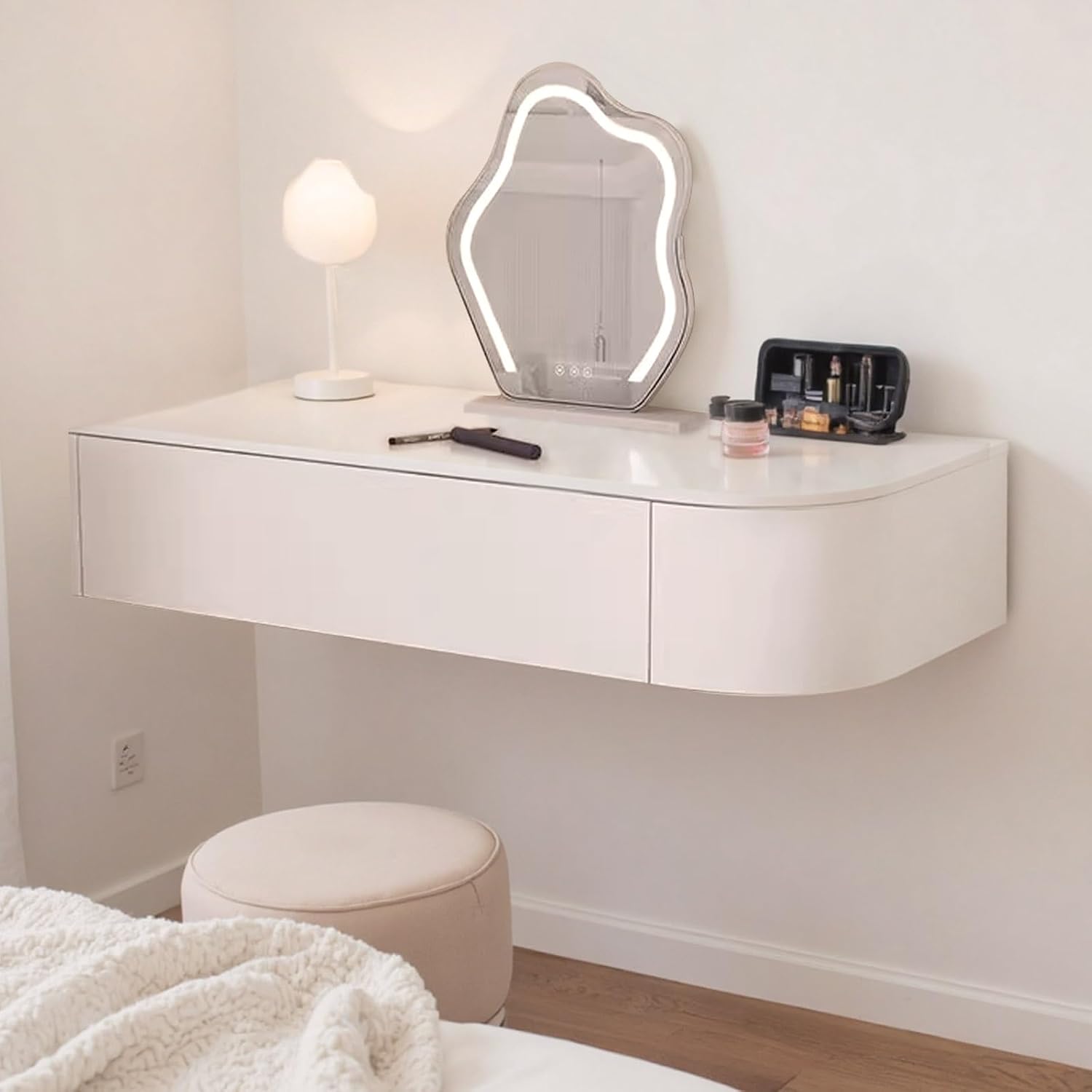 Corner Floating Desk with Drawers, Floating Vanity Makeup Table, Small Wall Mounted Floating Dressing Table Wall Storage Set, Wood Floating Shelf with Drawers, Modern White Vanity with Lighted Mirror(