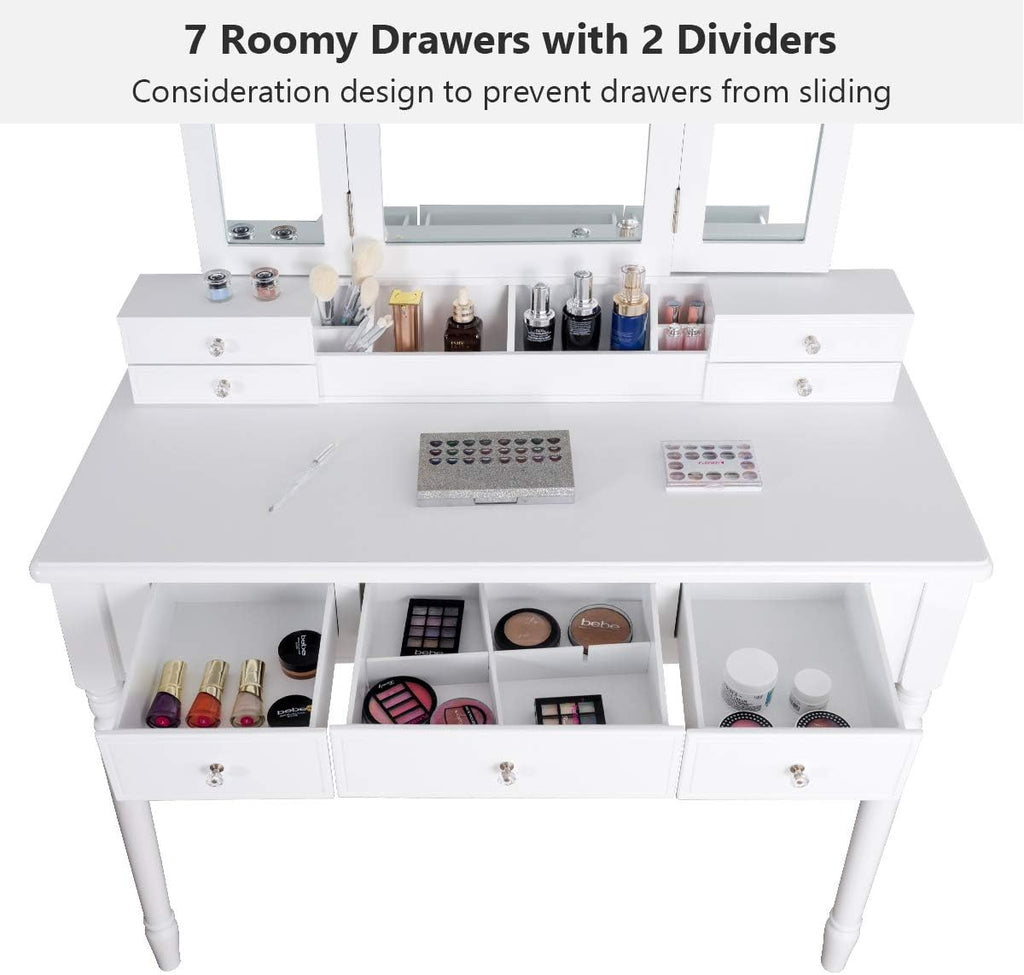 DORTALA Makeup Vanity Table Set w/ 7 Drawers, Removable Tri-Folding Mirror w/ 8 Jewelry Necklace Hooks, Dressing Table w/Open Storage Box & Cushioned Stool, Solid Wood Legs,White
