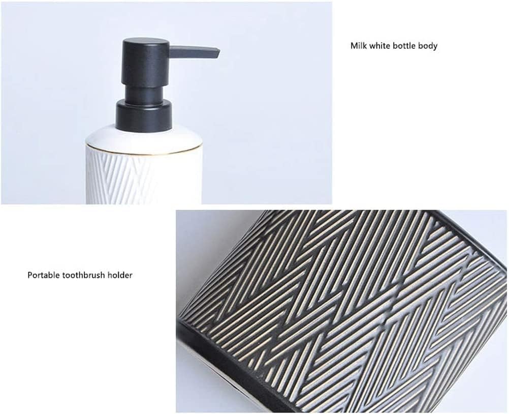 Vanity Bathroom Decor, Bathroom Accessories Set Simple Geometric Design Ceramic Bathroom Accessory Set with Soap Dispenser Housewarming Gift(Black,5 Pieces+White Tray)