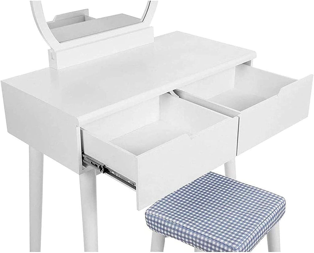 Round Mirror Vanity Table Set Sliding Drawers Makeup Dressing Table with Cushioned Stool Vanity Benches for Bedroom