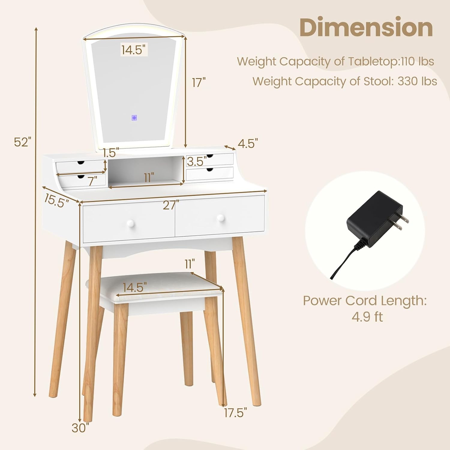 CHARMAID Small Vanity Desk with Mirror and Lights, White Makeup Vanity Desk with 6 Drawers, Adjustable 3 Color Lighting Modes, Compact Girls Bedroom Vanity Dressing Table with Stool for Small Space
