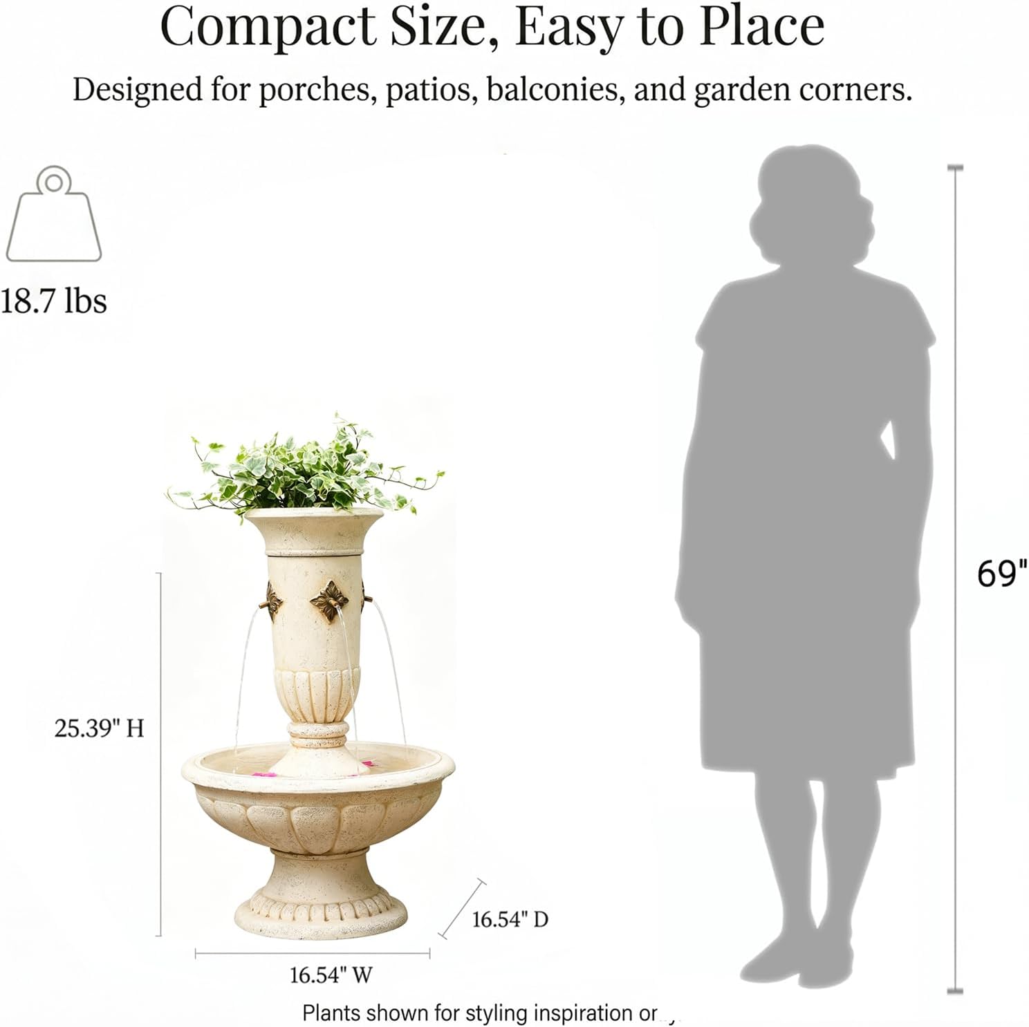 Bumilgar Outdoor Wall Fountain with LED Lights, 25.39' H Freestanding Garden Water Fountain, Large Floor Standing Patio Waterfall Feature, European Resin Flat Back Yard Courtyard Porch Décor