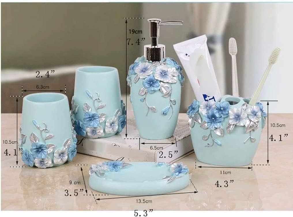 Vanity Bathroom Decor, Bathroom Accessories Set Resin Bathroom Set Toothbrush Holder Soap Dish Soap Dispenser Housewarming Gift(5 Pieces+Tray)