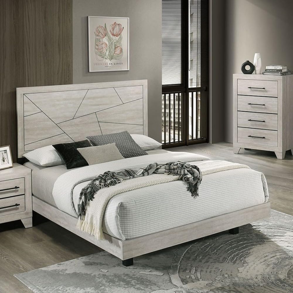 3pc Eastern King Bed 2X Nighttand Set Metal Handles Central Metal Glides Platform Bed Light Gray Finish Bedroom Furniture