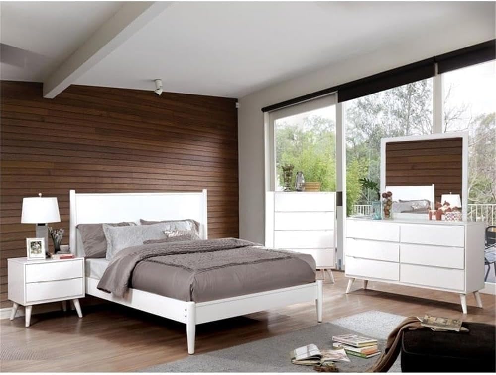 Allora 2pc Mid-Century Bedroom Set, Solid Wood & Veneer, White Finish, King Bed with Panel Headboard & Tapered Legs, Nightstand with 2 Drawers, Modern Minimalist Design for Bedroom Decor