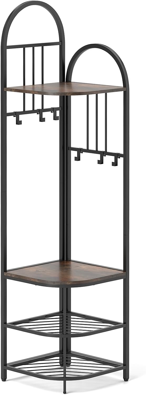Tall 180cm Freestanding Coat Rack Stand with Shoe Bench, 6 Movable Hooks, 4-Tier Shelves, Rustic Brown & Black Corner Hall Tree nizer for Entryway Storage