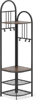 Tall 180cm Freestanding Coat Rack Stand with Shoe Bench, 6 Movable Hooks, 4-Tier Shelves, Rustic Brown & Black Corner Hall Tree nizer for Entryway Storage