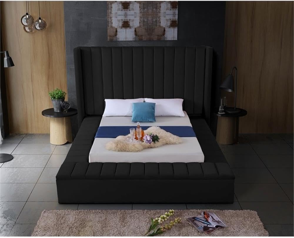 Meridian Furniture Kiki Collection Modern | Contemporary Velvet Upholsterd Bed with Channel Tufting, Siderails and Footboard Storage Compartments, King, Black