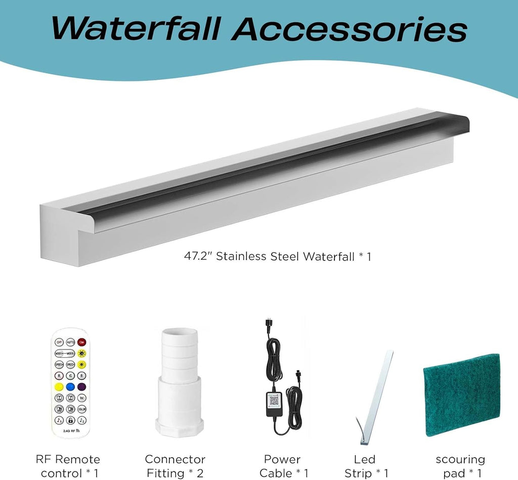 Pool Fountain Stainless Steel Waterfall with LED Lights - 47.2' LED Strip Remote Control with 18 Colors, Smooth Water Flow & Cascade Blade, Easy Installation for Outdoor, Garden, Patio & Ponds