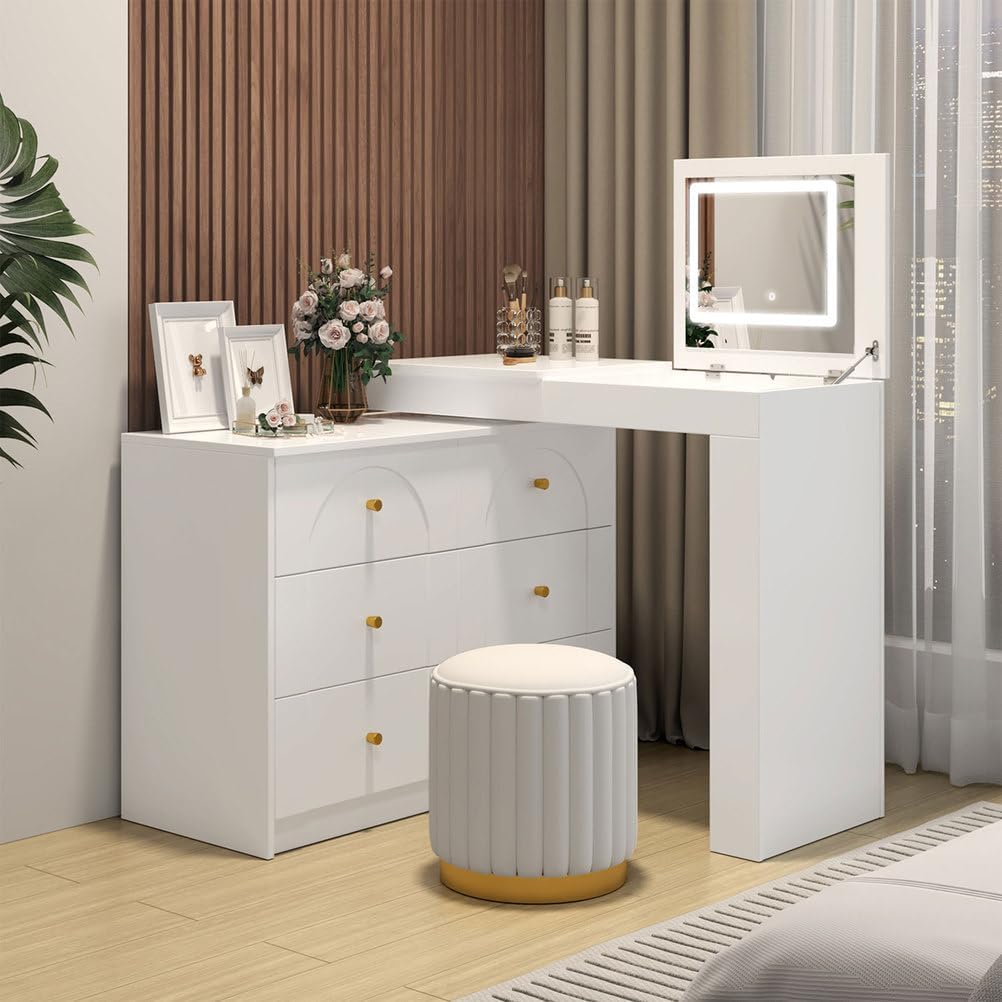 60'' Vanity Desk with Flip-Top Mirror & LED Lights, Convertible L-Shaped Makeup Vanity Table with 6 Drawers, Shelves & Storage Compartments, Modern Corner Dressing Table for Bedroom,White
