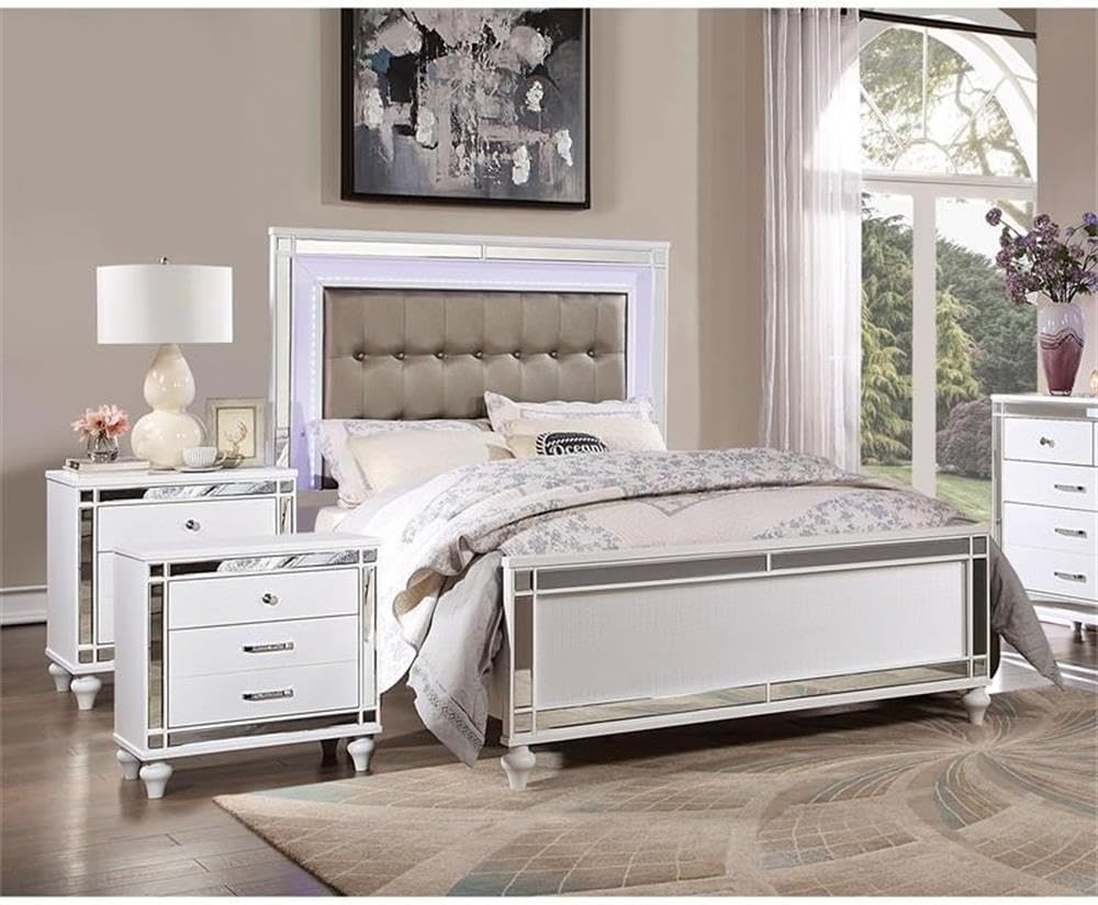Furniture of America FOA Xulu 3-Piece White Solid Wood LED Bedroom Set - Cal King + 2 Nightstands