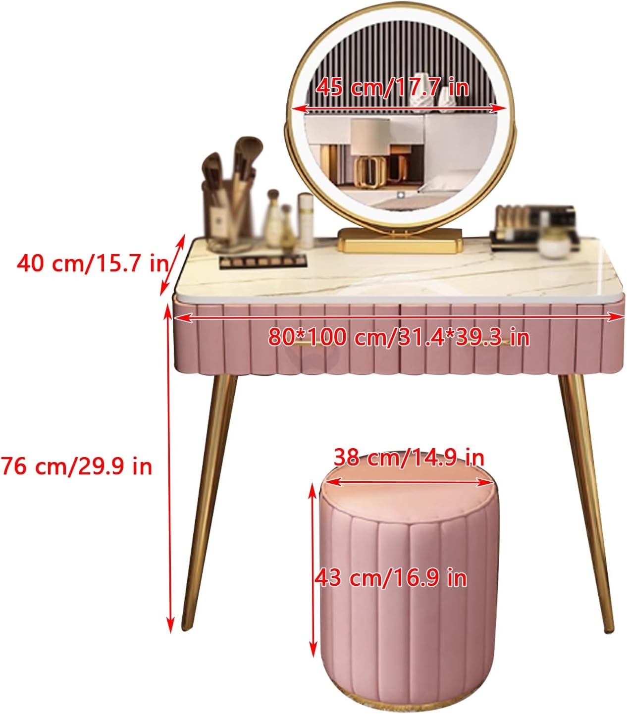 Vanity Desk with Lights Makeup Desk White Vanity with Lighted Mirror Small Vanity Desk Round Table Corner Design Wide Tabletop Stable Support Stylish Matching Suitable fo,D-80 * 40 * 76 cm