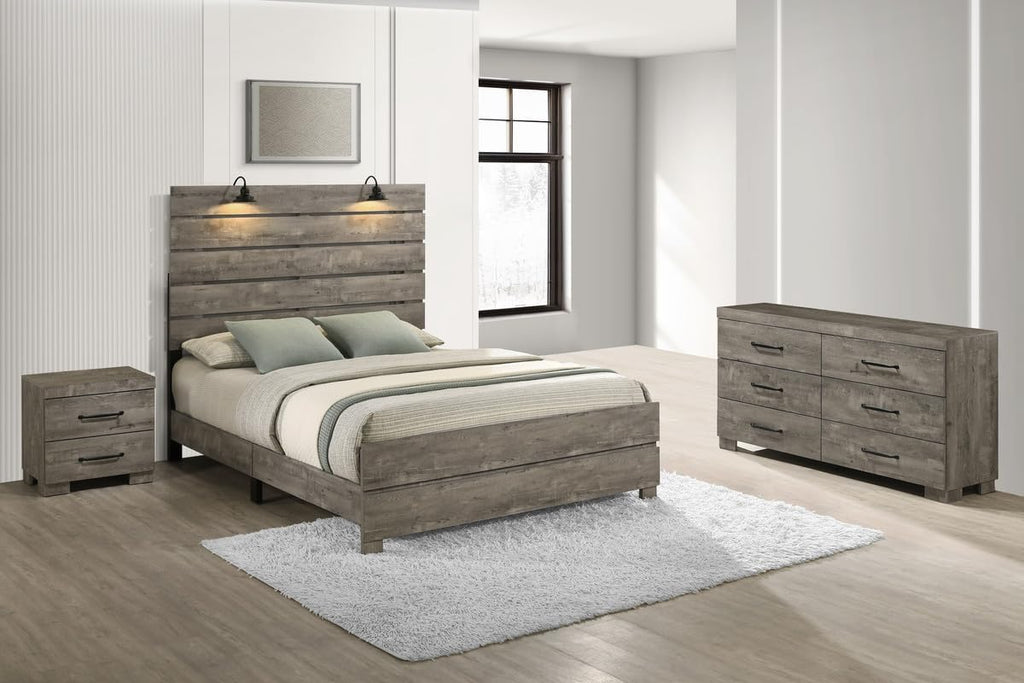 Modern 3-Piece Eastern King Bedroom Set with LED Reading Lamps and USB Nightstands – Panel Bed Frame, Dresser, and Nightstand in Antique Gray Laminate Finish