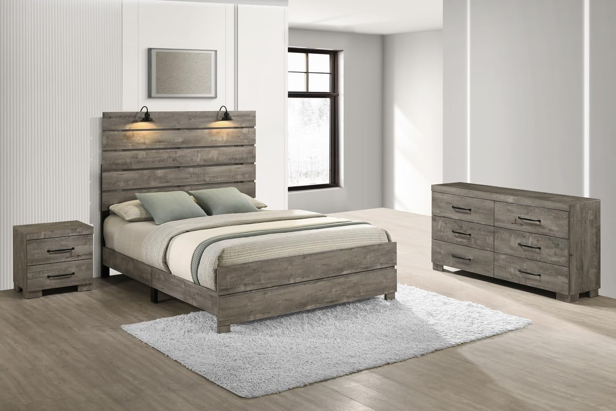 Modern 3-Piece Queen Bedroom Set with LED Reading Lamps and USB Nightstands – Panel Bed Frame, Dresser, and Nightstand in Antique Gray Laminate Finish