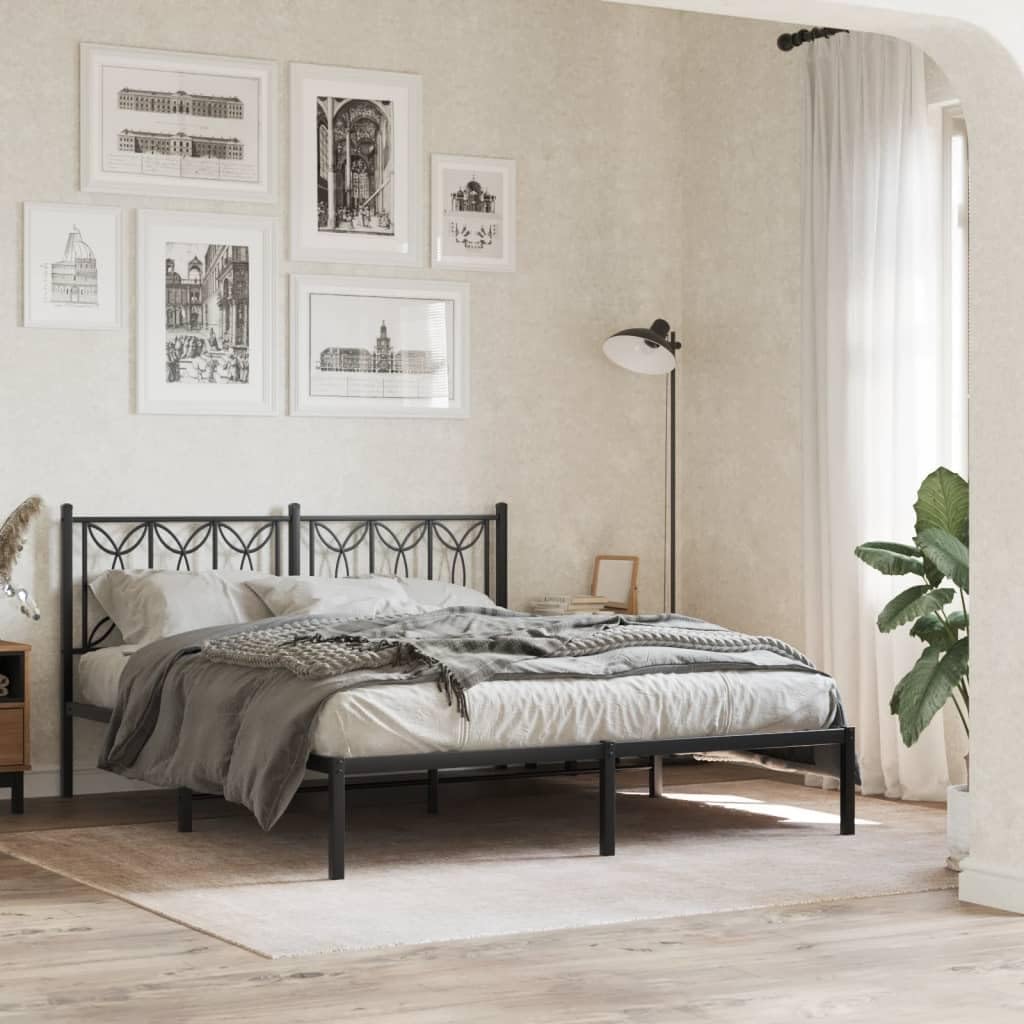 Metal Bed Frame with Headboard Black Queen Size Platform Bed Frame Steel Structure Underbed Storage Space No Mattress Needed for Bedroom Furniture