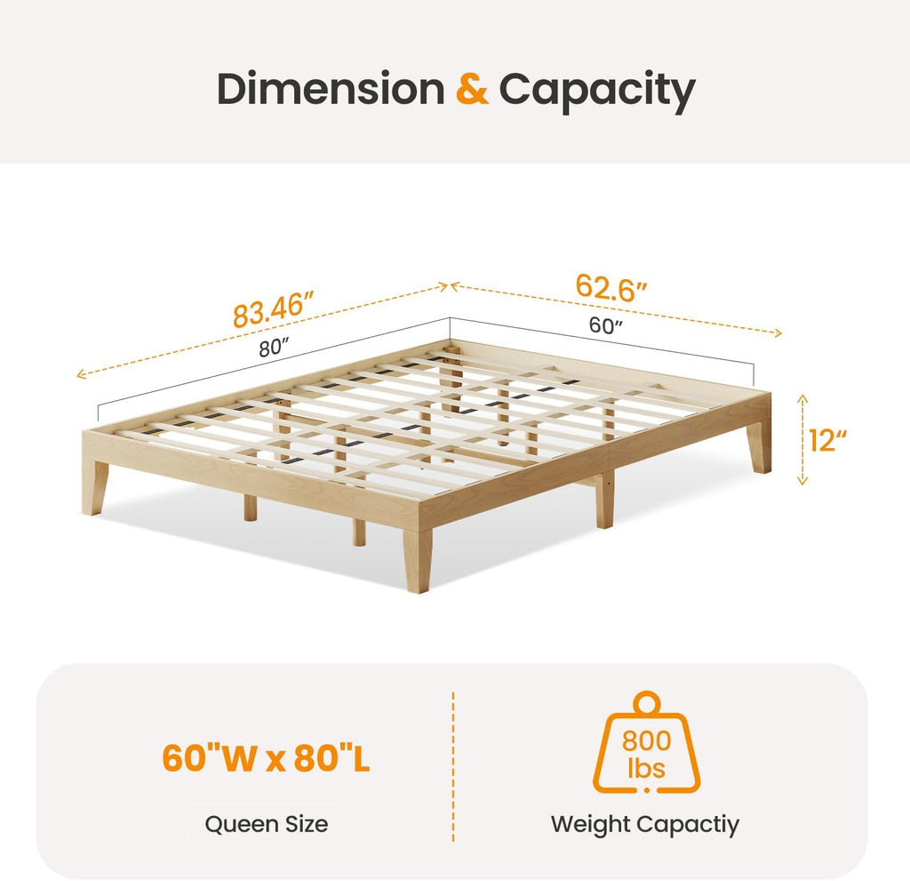 Queen Size Wood Platform Bed Frame, 12 Inch Solid Wood Bed Frame with Wooden Slats, No Box Spring Needed, Easy Assembly, Rustic Pine