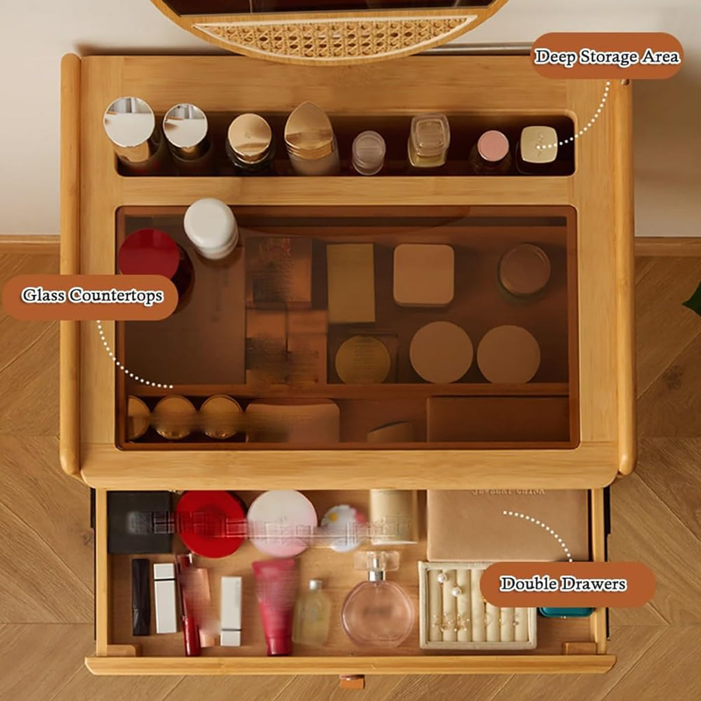 Japanese Vanity Desk, Dressing Table with Stool, Creative Dressing Mirror, Glass Countertop, Vanities & Vanity Benches, Sunken Storage Area