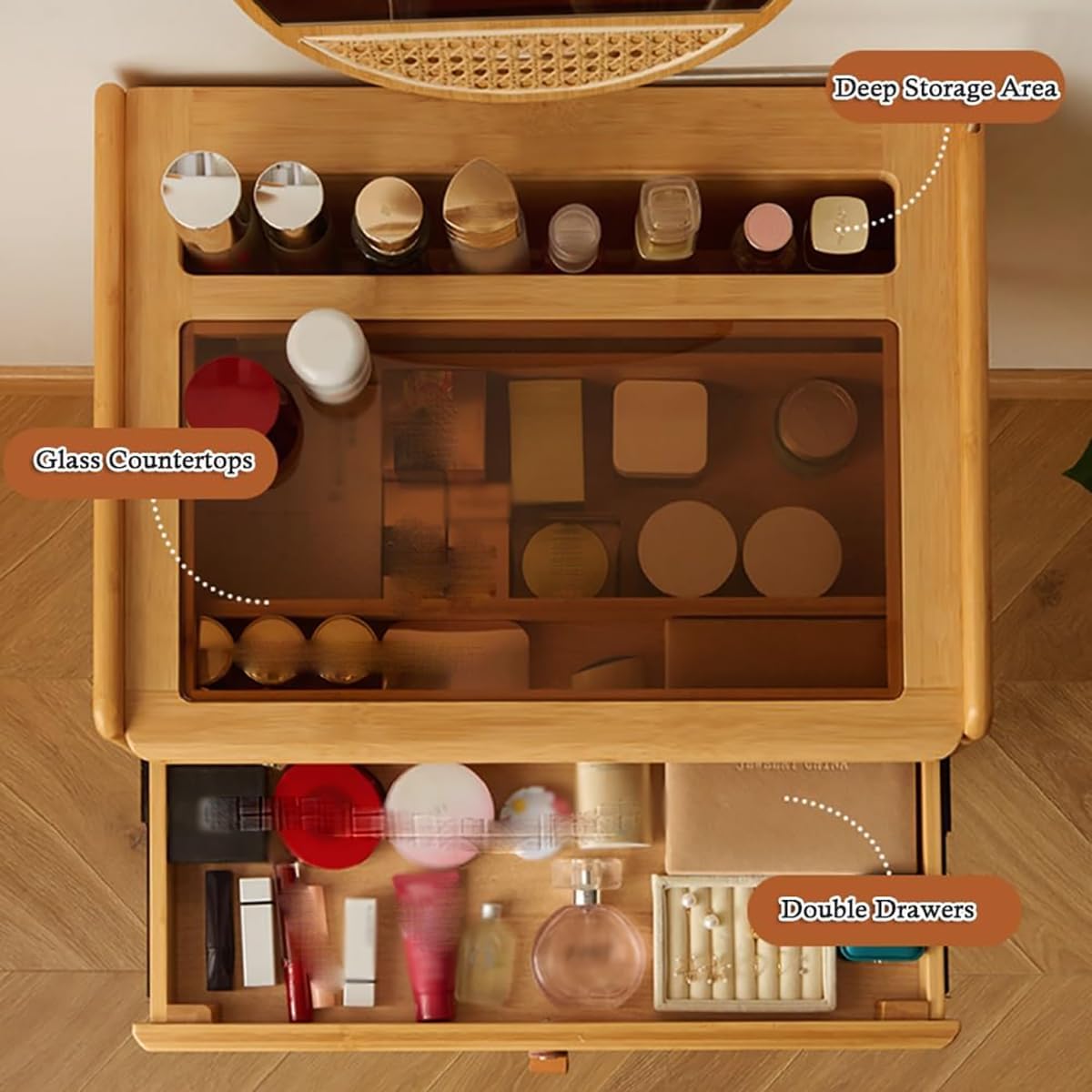 Japanese Vanity Desk, Dressing Table with Stool, Creative Dressing Mirror, Glass Countertop, Vanities & Vanity Benches, Sunken Storage Area