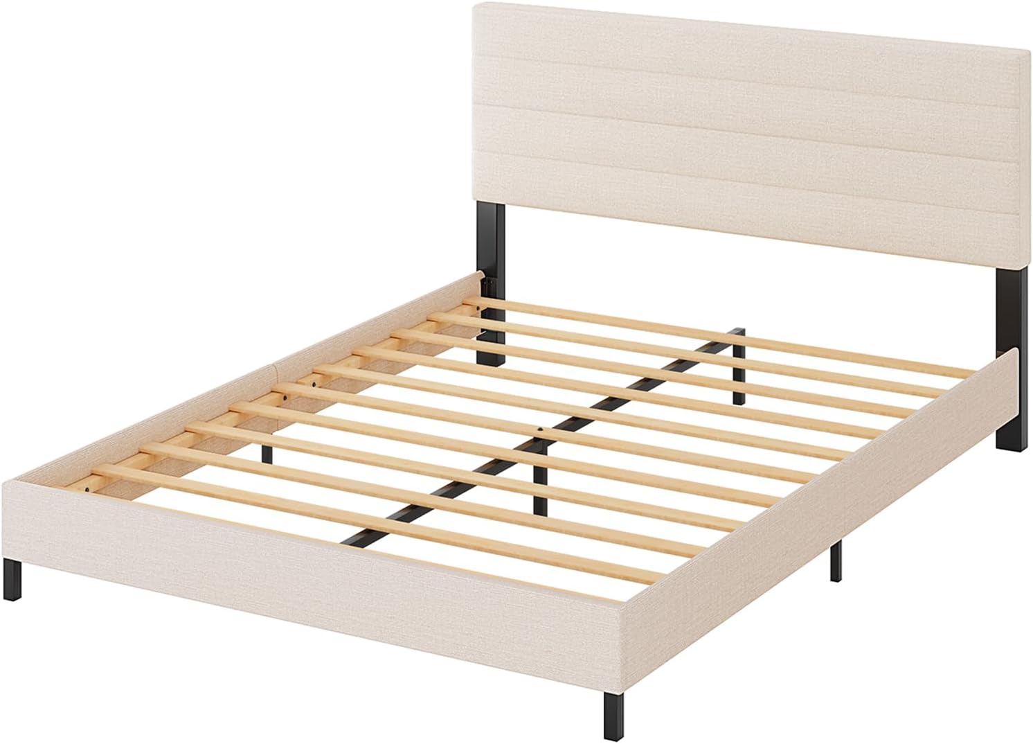 Furnihome Queen Bed Frame, Modern Upholstered Bed Frame with Adjustable Linen Headboard, Wooden Slats Support Platform Queen Size Bed Frames, No Box Spring Needed,Easy Assembly,Beige