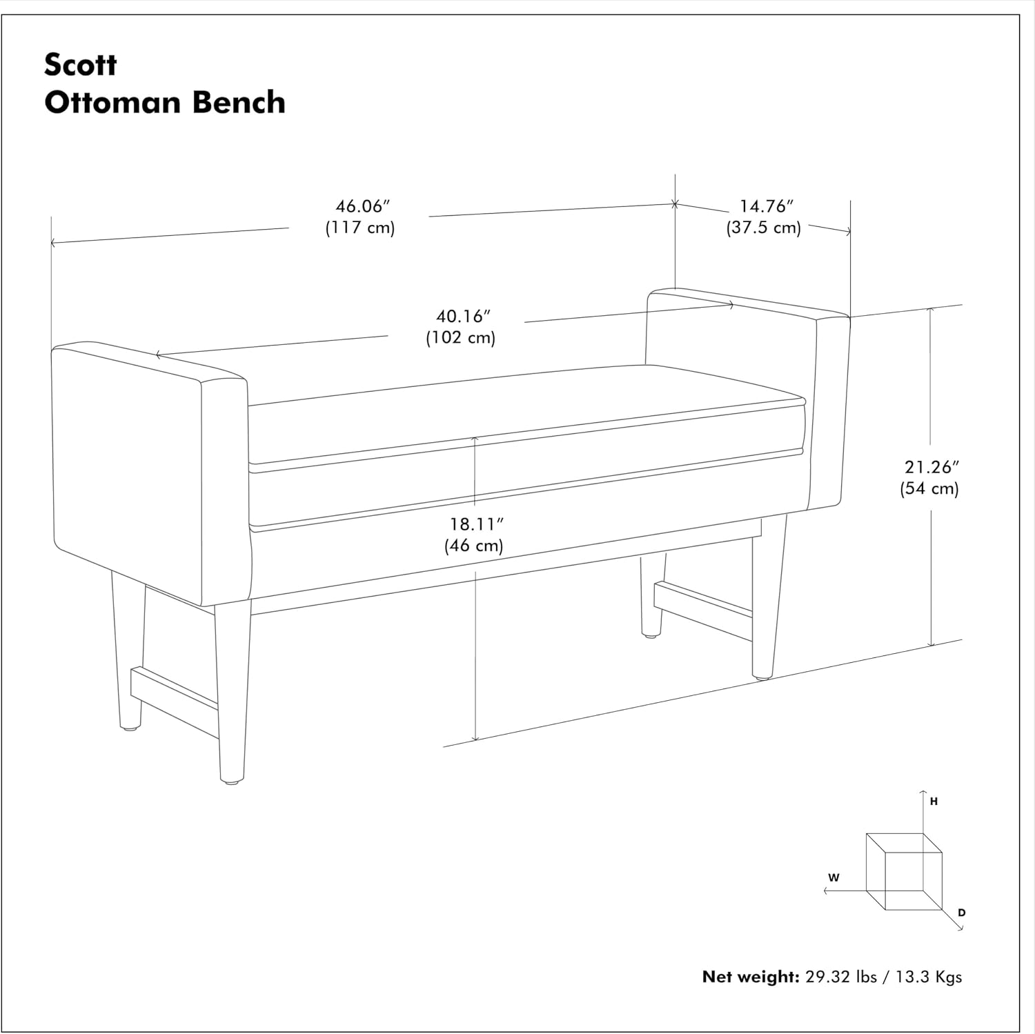 SIMPLIHOME Scott Ottoman Bench - 46 inch Wide Upholstered Linen Fabric Rectangle Ottoman in Smoky Teal, Contemporary Bench for Bedroom, Entryway or Living Room with Raised Sides and Cushioned Seat