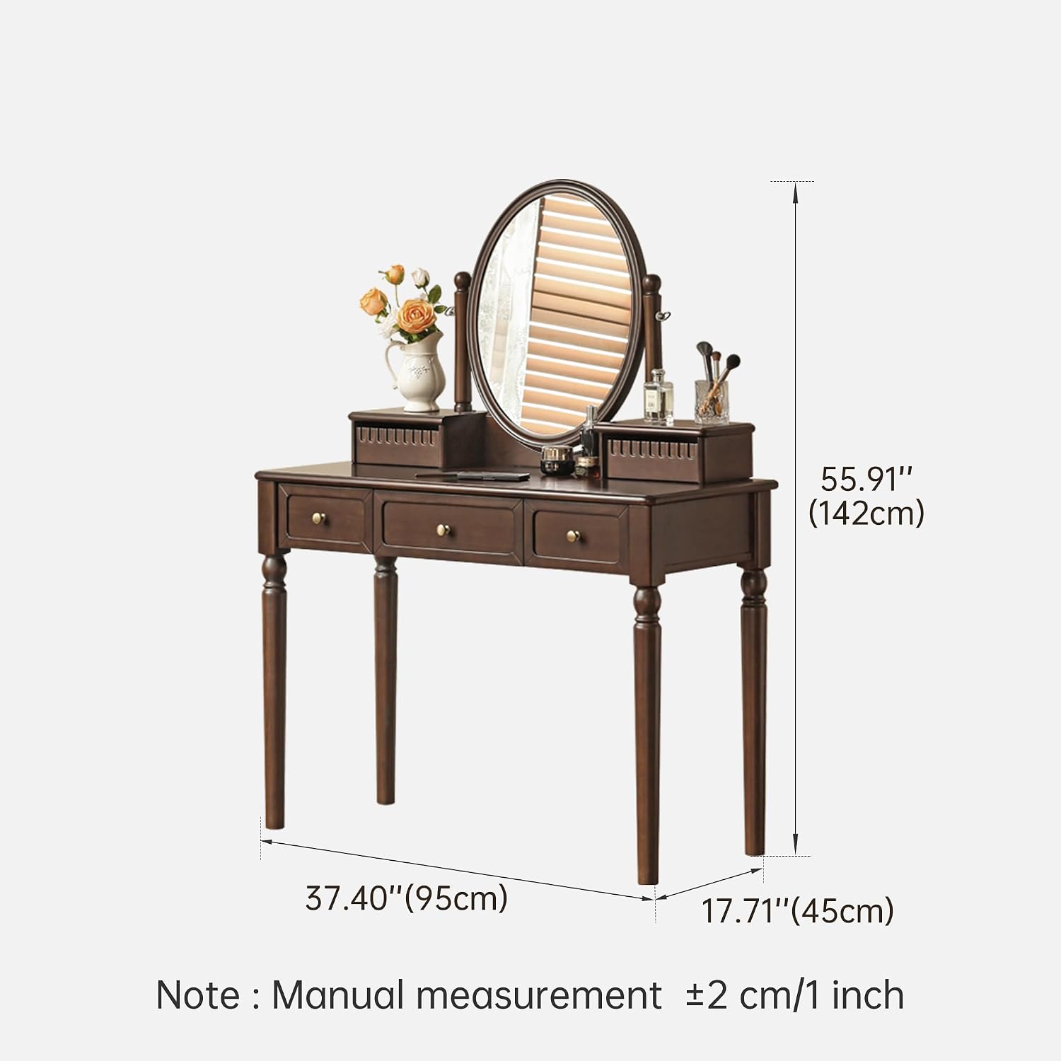 Vintage Vanity Desk with Rotating Mirror, Solid Walnut Dressing Table for Bedroom, Dark American Style Vanity, 37' W x 18' D x 56' H