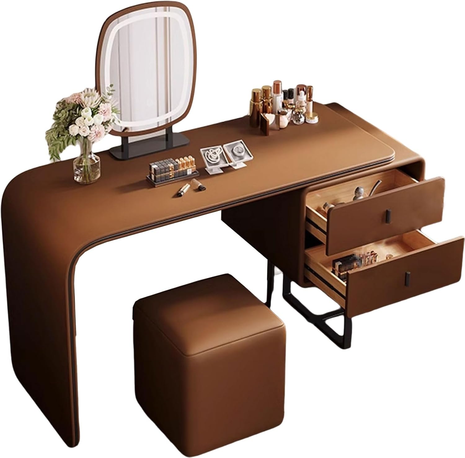 Makeup Table with Lighted Mirror and Chair Mirror 3 Colors Modes Dimming Rounded Corners Telescopic Adjustment Wood Vanity with Cushioned Stool(Orange)
