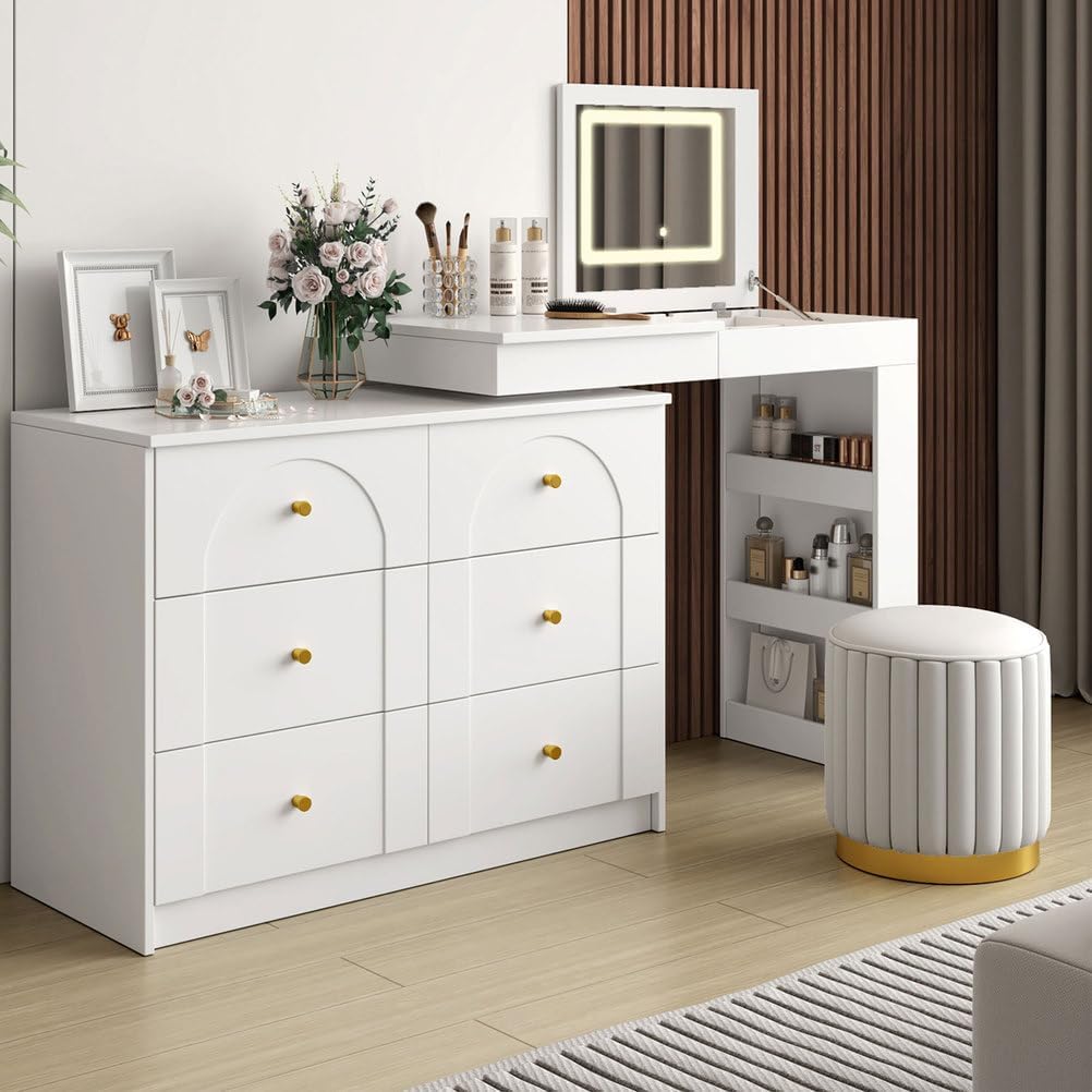 60'' Vanity Desk with Flip-Top Mirror & LED Lights, Convertible L-Shaped Makeup Vanity Table with 6 Drawers, Shelves & Storage Compartments, Modern Corner Dressing Table for Bedroom,White