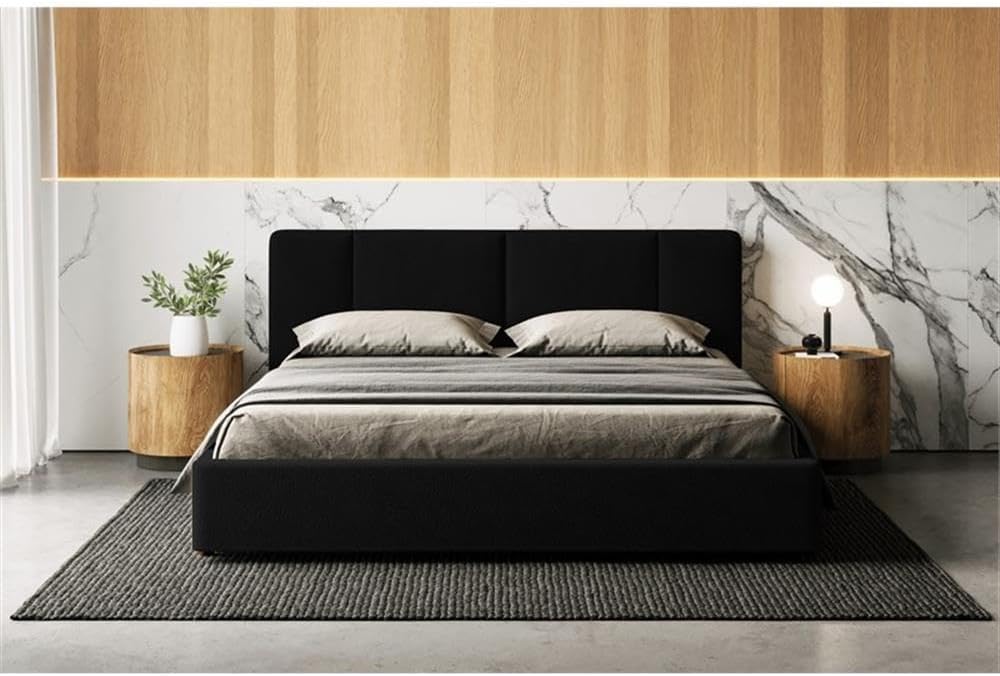 Venice Upholstered Platform Bed | Box Spring Not Required | (Black Boucle, King Bed Frame)