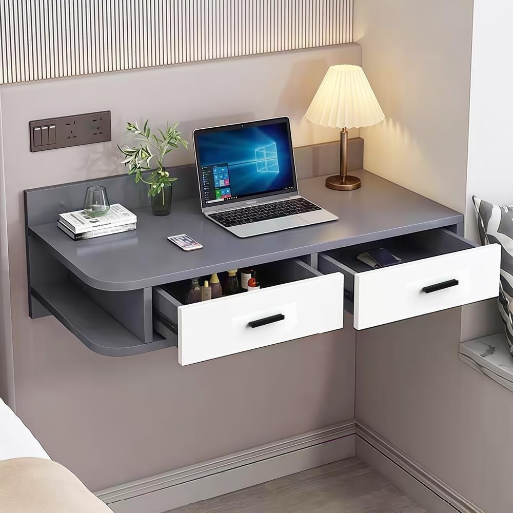 Floating Writing Desk with Storage Drawers Wall-Mounted Computer Table Hanging Corner Vanity Table Rounded Corners for Room Heavy Duty(Gray Right,100 cm)
