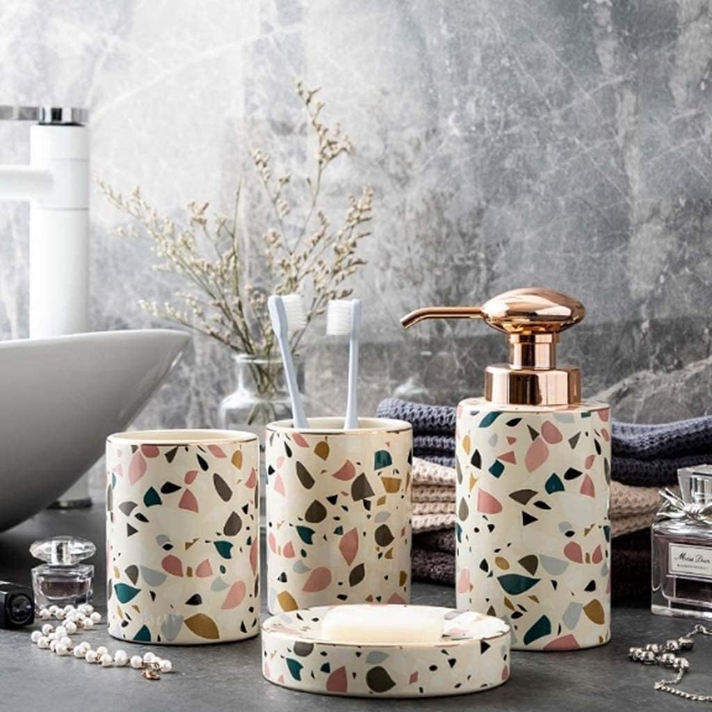 Vanity Bathroom Decor, Modern Bathroom Accessories Set Creative European Wash Cup Bathroom Accessories Kit Bathroom Soap Dispenser Set Housewarming Gift(A)