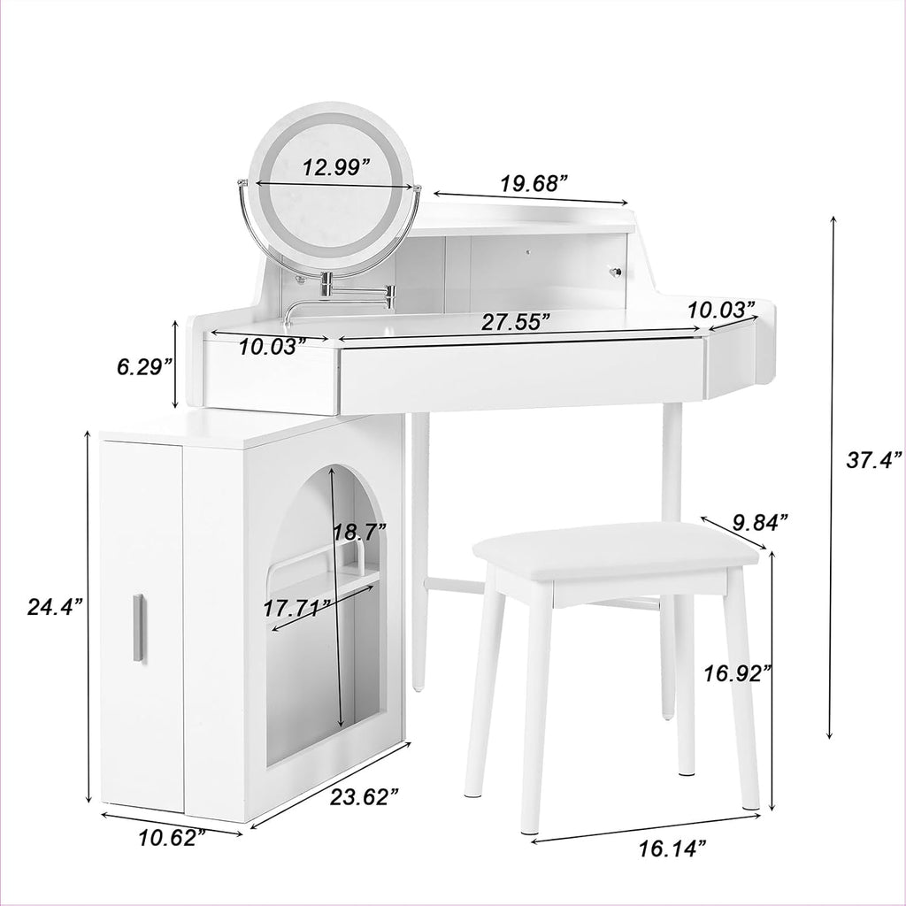 Corner Vanity Desk with Brightness Adjustable Folding Mirror Makeup Vanity Table Set with 1 Drawer and Cushioned Stool Dressing Table with 1 Side Cabinet for Bedroom, White
