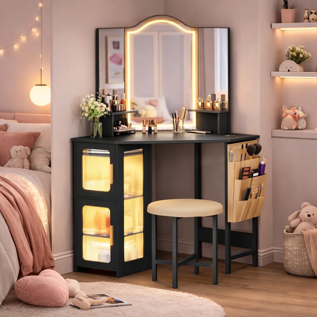 LVSOMT Corner Vanity Desk with Mirror and Lights, Makeup Vanity with Charging Station, Dressing Table with 3 Lighting Options, Vanity Set with Stool, Women's Vanity for Bedroom, Black